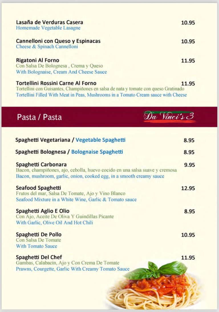 DaVincis3 Restaurant Pasta Menu